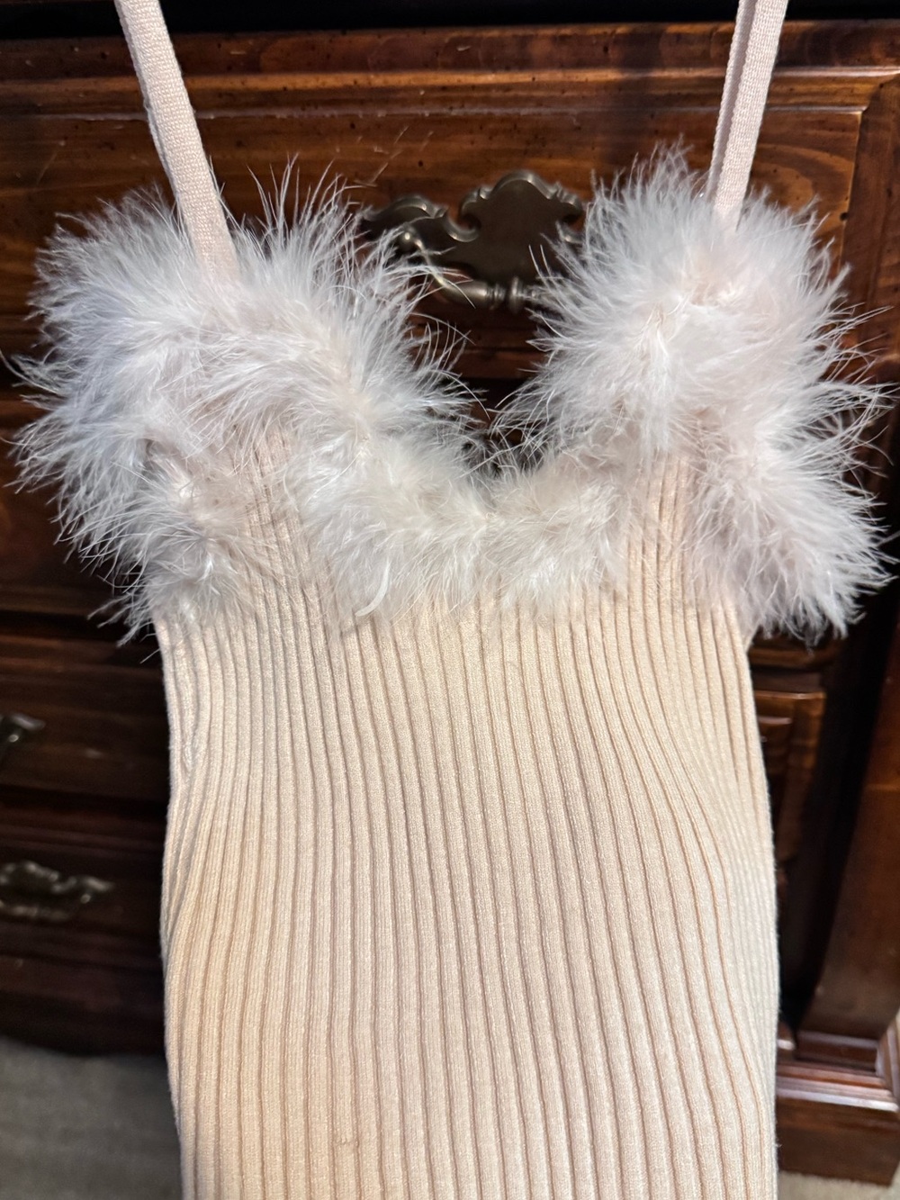 Blue Blush Beige Ribbed Tank with Feather Trim